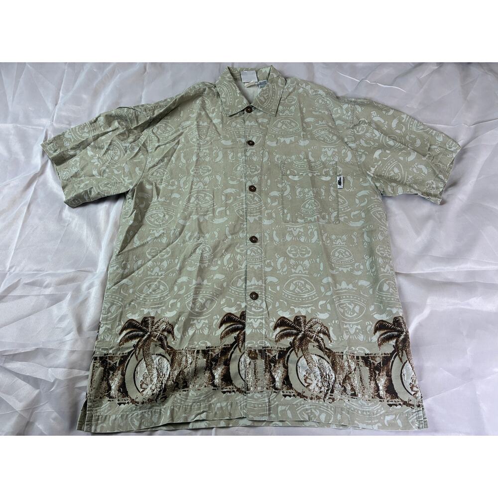 Vintage No Fear Hawaiian Camp Shirt XL Sage Green Palm Tree Made in USA 90s